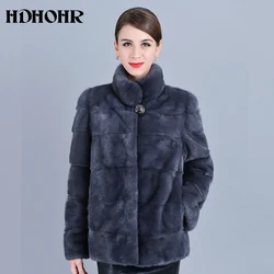 HDHOHR 2026 New Natural Mink Fur Coats Women Real Mink Fur Coat Outwear Park Elegant blue High Quality Female Warm Winter Jacket