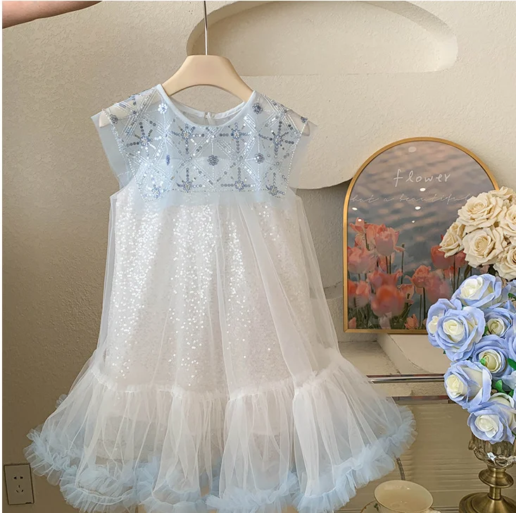 Retail New Baby Summer Girls Boutique Sequined Mesh TuTu  Dress, Princess Kids Sweet Fashion Dress  3-7T