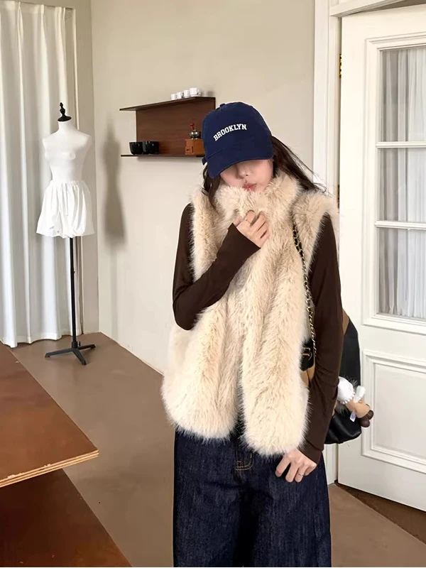 Soft Style Faux Fur Vest Outerwear Women's Small Size Layering Warmth Thermal Vest Open Cardigan Top High Waist Regular Sleeve