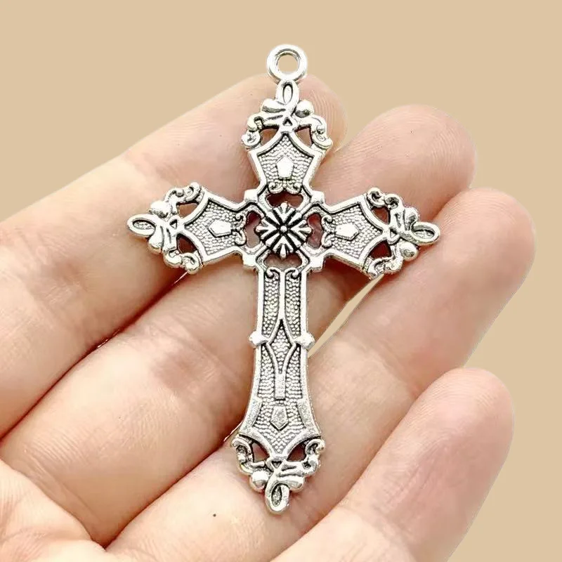 10pcs Silver Plated Baroque Style Crosses Metal Pendant DIY Charms Necklace Earrings Jewelry Crafts Gift Making 56*37mm  A10