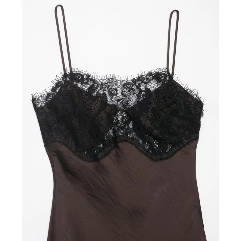 Robe mi-longue en dentelle et Satin pour femmes, Sexy, dos nu, fines bretelles, ourlet asymétrique, élégante, Chic, printemps automne