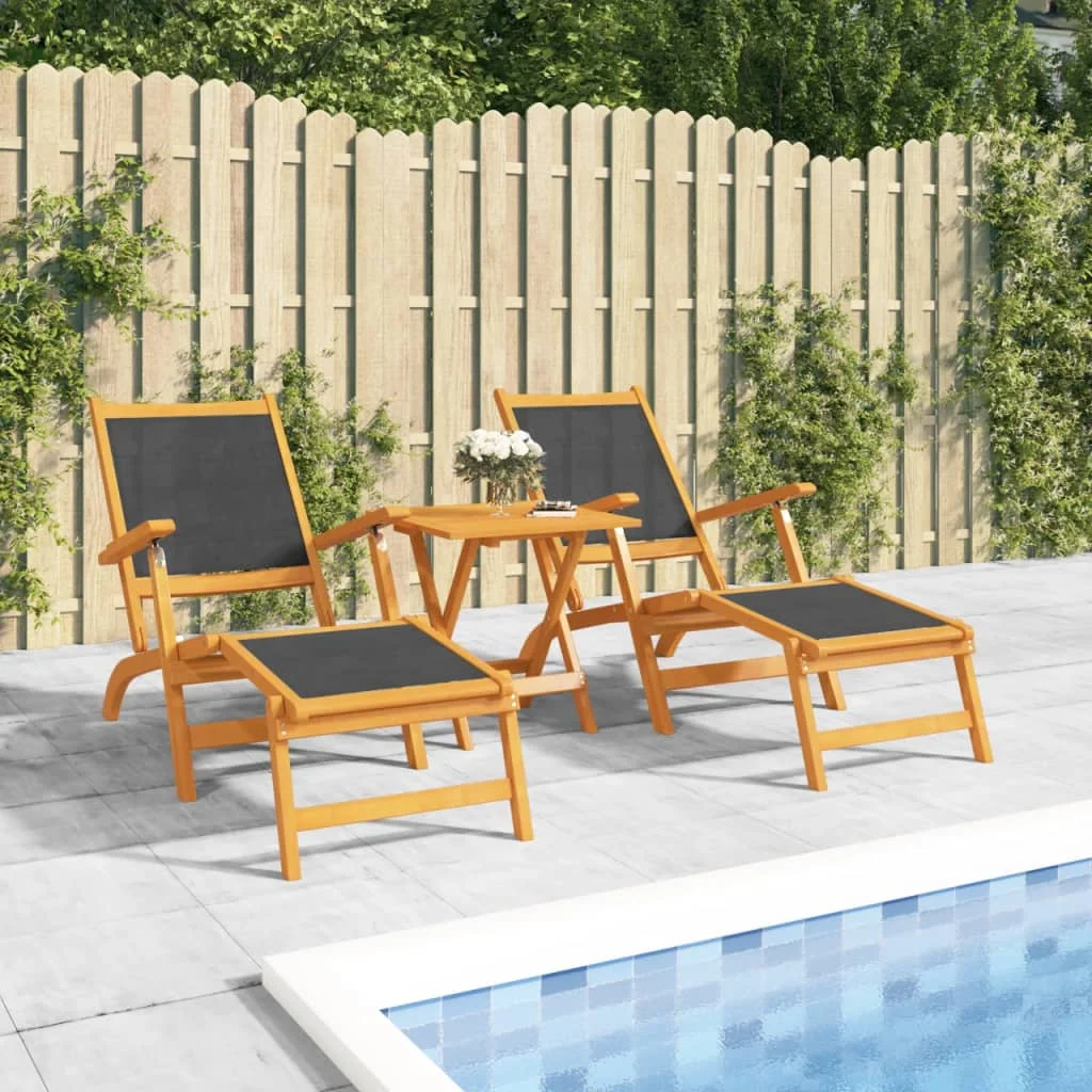 Chaises longues de jardin en bois d'acacia avec table, tissu textilène, ensemble de patio extérieur, durables et élégantes, parfaites pour se détendre, sièges confortables, résistantes aux intempéries, idéales pour le jardin ou la cour, montage facile, design moderne