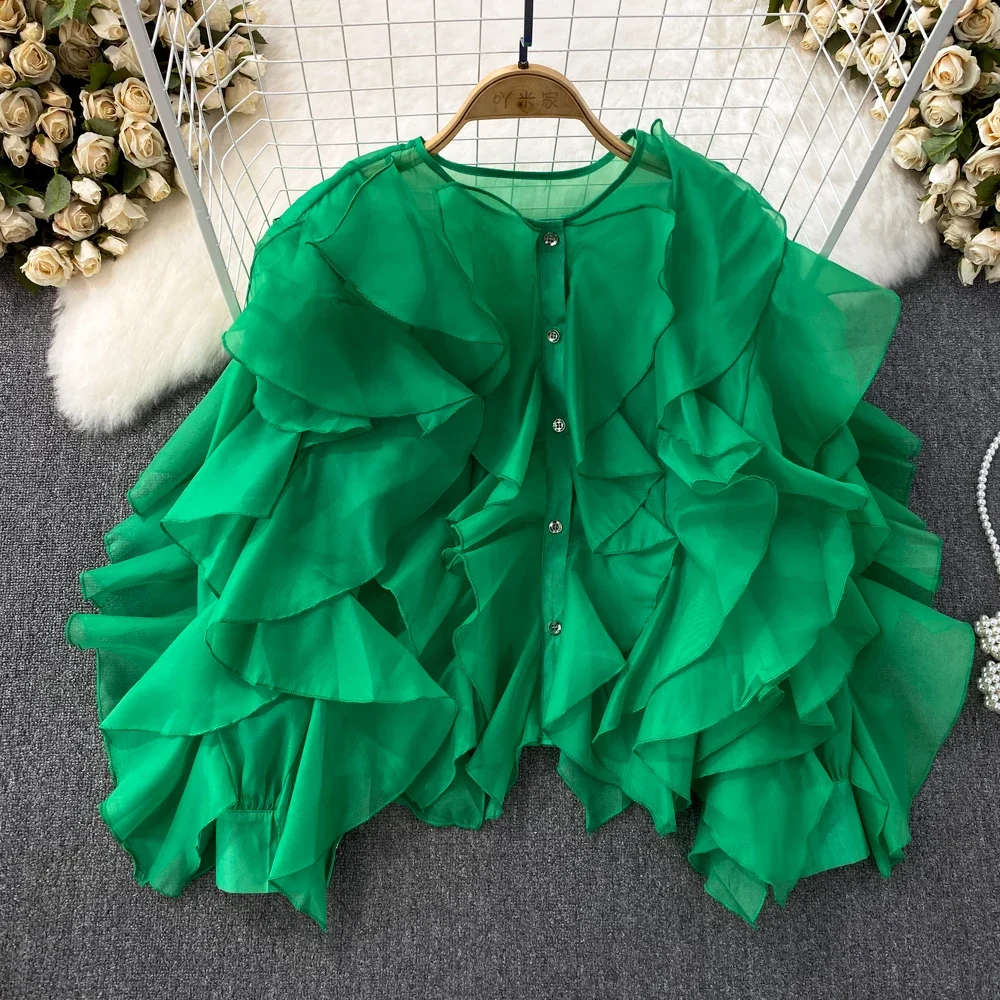 

Women Shirt Top Irregular Ruffles Tops Single Breasted Round Collar Puff Sleeve Overshirt 2025 Female Casual Streetwear Blouse