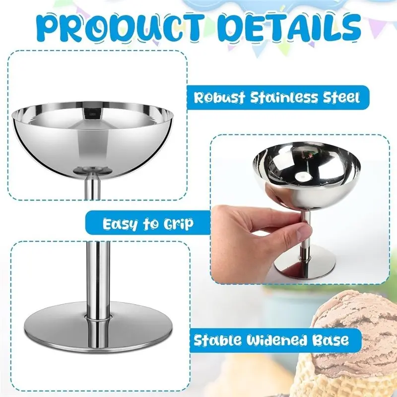 AB66-6 Sets Stainless Steel Ice Cream Cups Bulk Silver Dessert Bowls With Forks 6.7Oz Small Metal Footed Cup For Party Supply