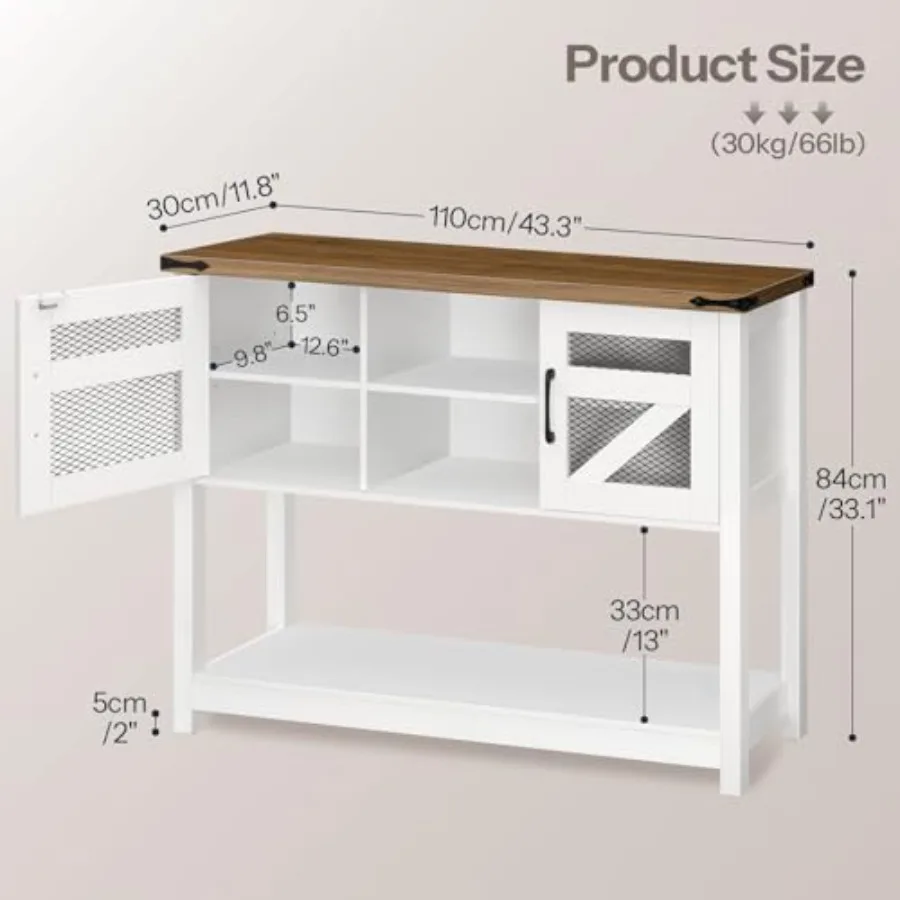 Farmhouse Entryway Table with Storage 43.3 Small Console Tables for Entryway Rustic Hallway Table with Open Shelf and 2 Cabine