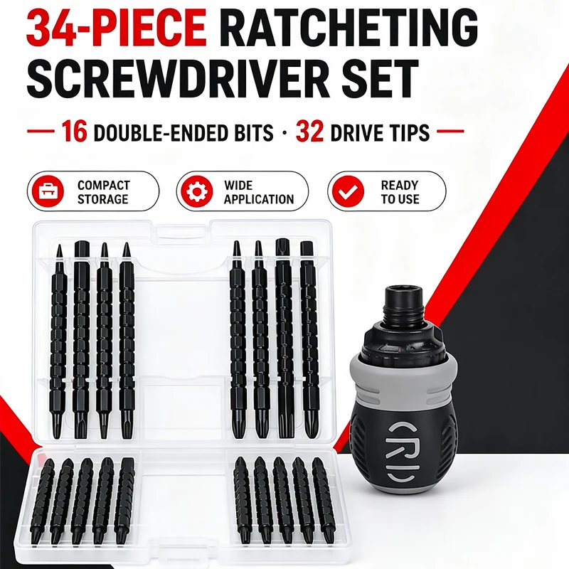 34Pcs Ratchet Screwdriver Set Double Ended Steel Bits Labor Saving Multi Tool with Storage Case for Home Repair Furniture DIY