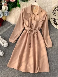 Women's Shirt Dress Spring Autumn Long Sleeve Turn Down Collar Waist Tie Solid Bandage Dress Loose A-LINE Dress Fashion LS165