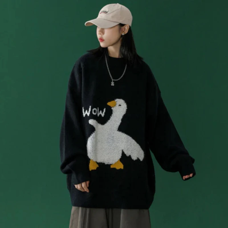 2024 y2k Autumn Cartoon Duck Wow Printed Harajuku Hip Hop Knitted Sweater Super Street Headwear Loose Sweater Hoodie