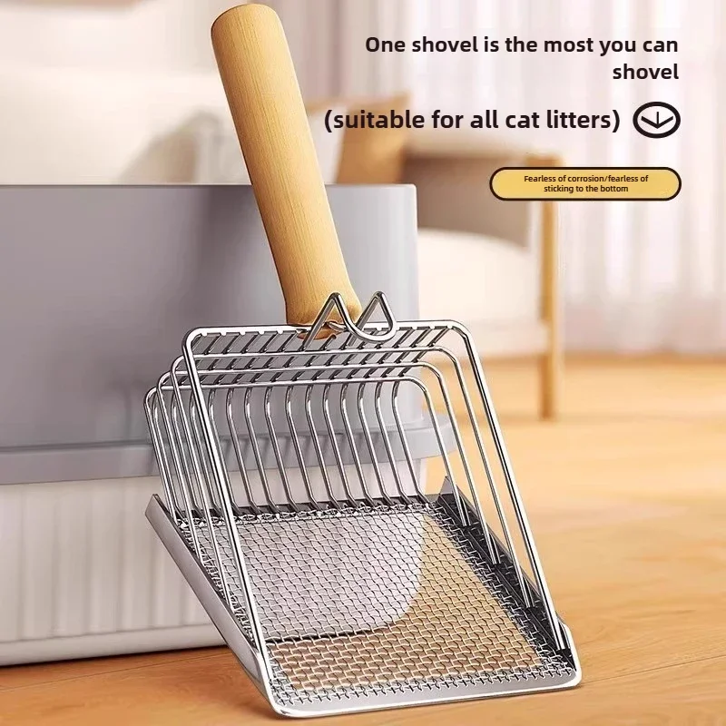 Cat Litter Shovel Wood Handle Metal Scooper with Hook Portable Stainless Steel Sifting Kitten Toilet Cleaning Tool Pet Products
