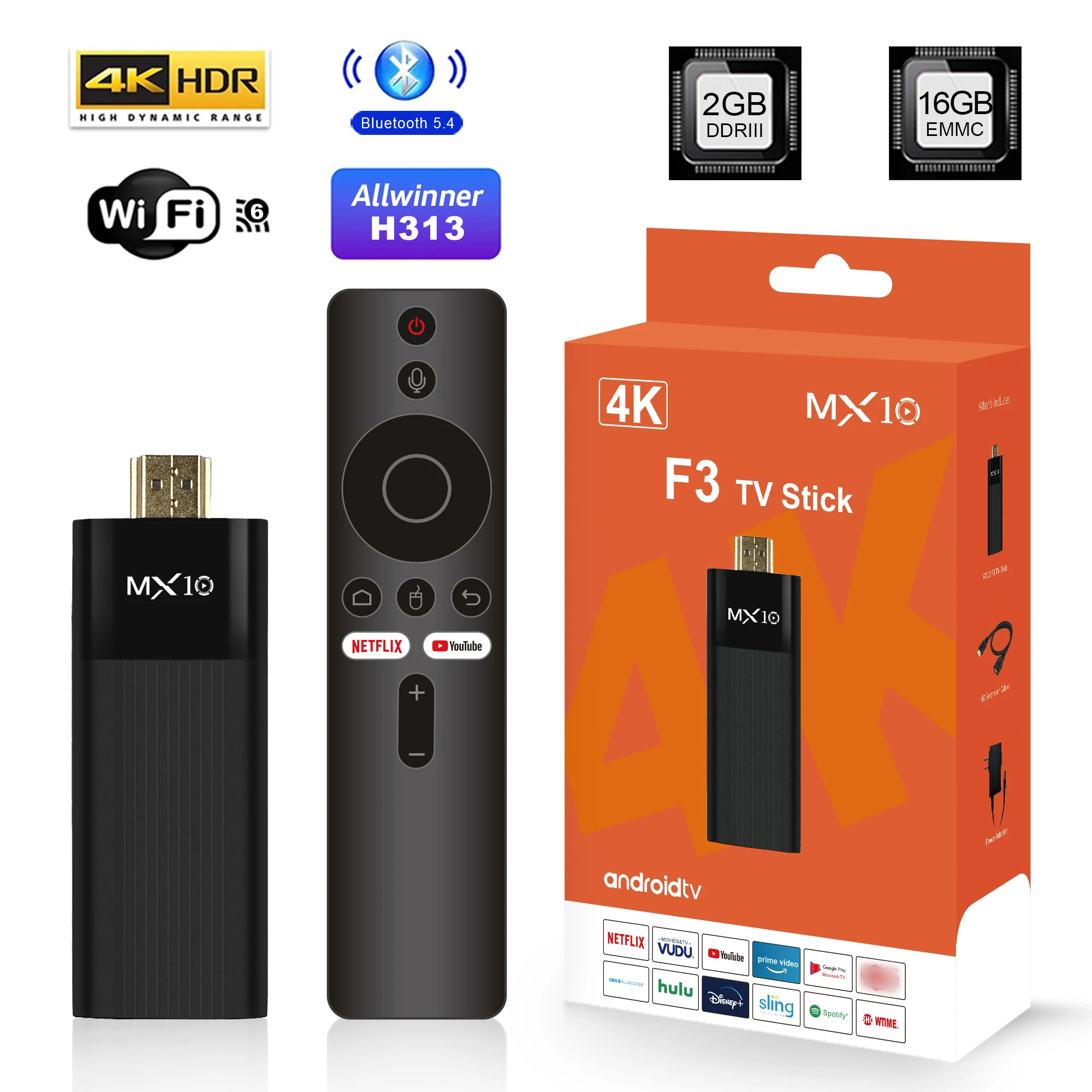 Android TV Stick Ultra HD 4K MX10-F3 Stick Mini Home TV Stick H313 Quad Core Compatible con Wifi Dual de 2.4/5G 2GB RAM 16GB ROM
