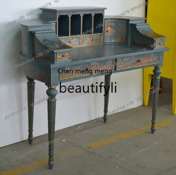 D176  French hand-painted landscape solid wood piano-shaped desk writing desk dresser multi-drawer
