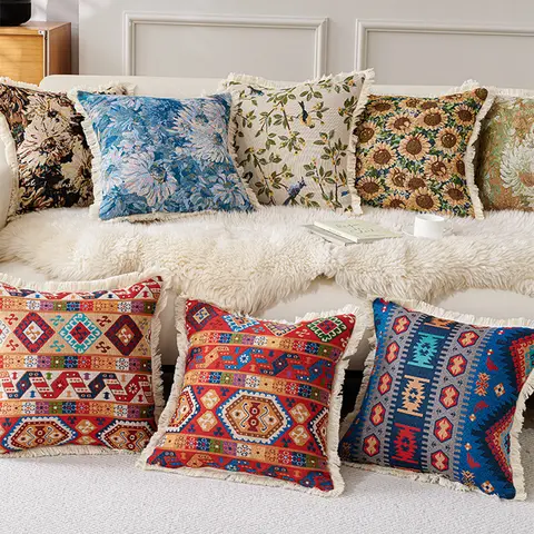 American Retro-Style Cotton and Linen Throw Pillowcase Yarn-Dyed Jacquard Sofa Throw Pillow Cover Headboard Cushion Covers 45x45
