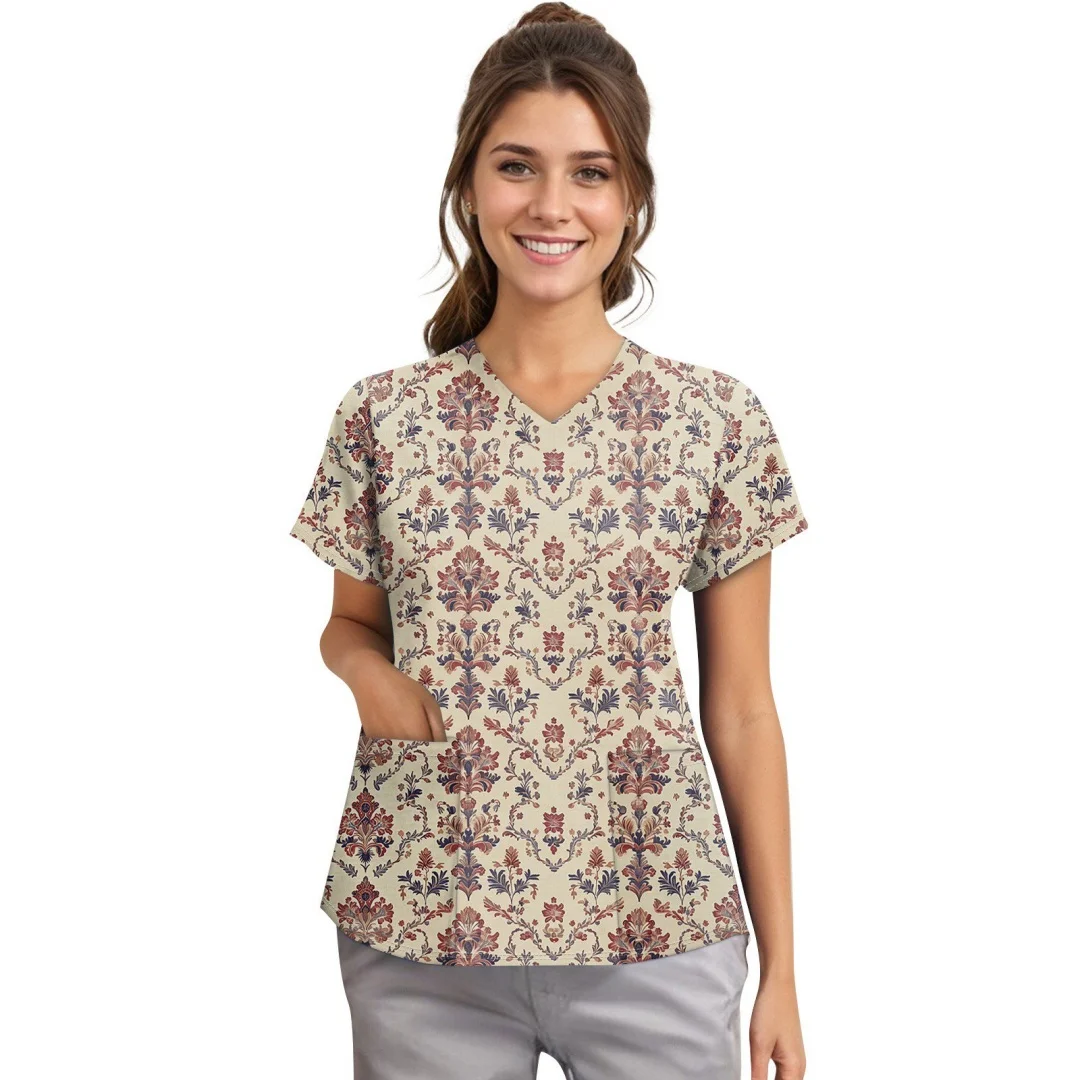 V-Neck Pocket Cartoon Animal Print Care Workers T-Shirt Tops Clinic Working Clothing Women Short Sleeve Scrub Tops Nurse Uniform