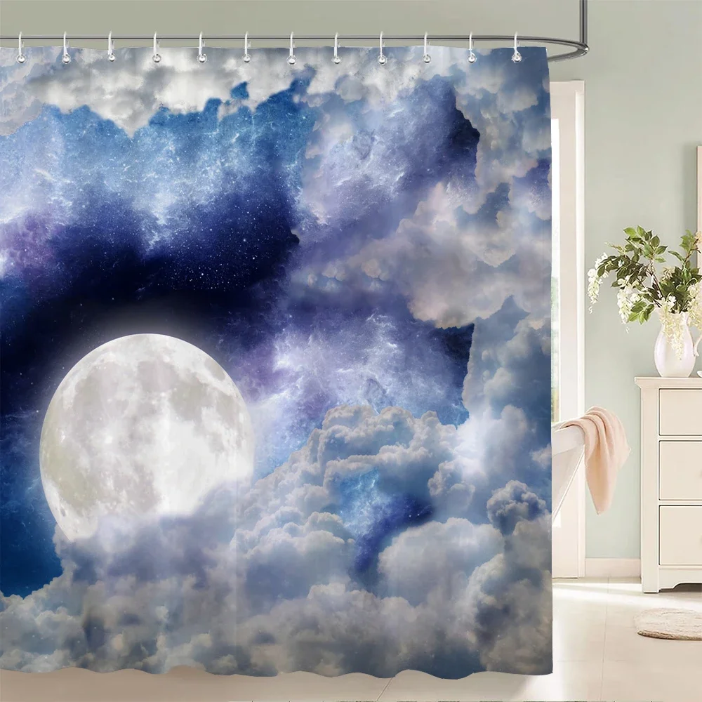 Night Moon Earth Starry Sky Fabric Shower Curtain Waterproof Bathroom Curtains Space Universe decorate Curtains with 12 Hooks