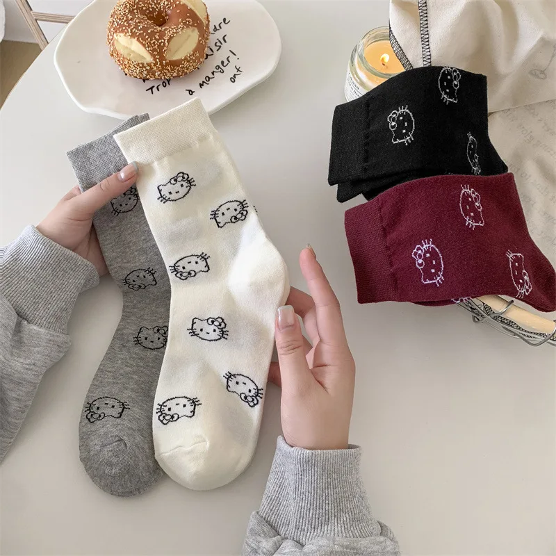 

4Pairs Hello Kitty Cute Socks for Women Korean Version Versatile Solid Color Medium Socks Ins Spring and Autumn Student Socks