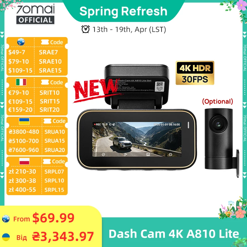 70mai New Genuine Dash Cam 4K A810Lite HDR Supercapacitor 4G LTE Remote Control Wi-Fi 6 GPS Voice Control Car DVR 70mai A810Lite
