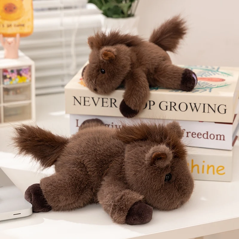 Caballo tumbado de simulación de 18/25cm, animales de peluche suaves, marrón, negro, gris, rojo, caballo de dragón blanco, regalo de cumpleaños y Navidad, decoración de fiesta