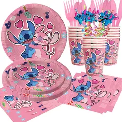 Disney Stitch Birthday Party Decoration Pink Lilo Stitch Theme Tableware Cup Plate Angle Balloons Happy Supplies For Kids Girl