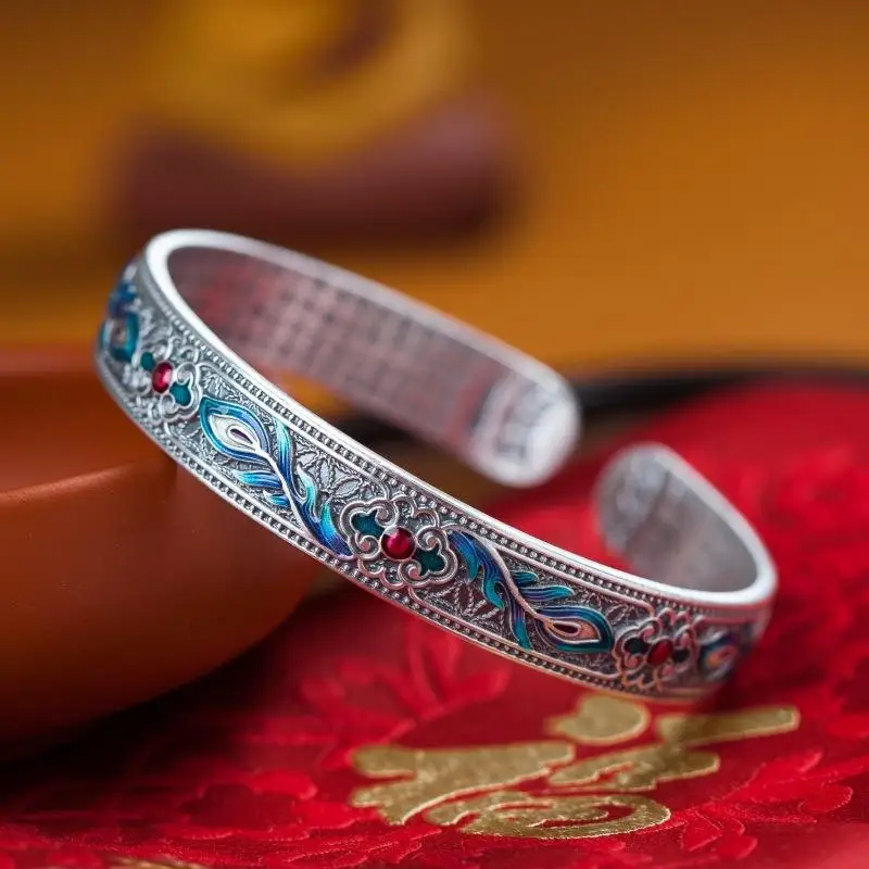 الفضة 925 شيونغسام أساور رائعة النمط الصيني الرجعية فينيكس ريشة الملونة المينا أساور للنساء مجوهرات قابل للتعديل