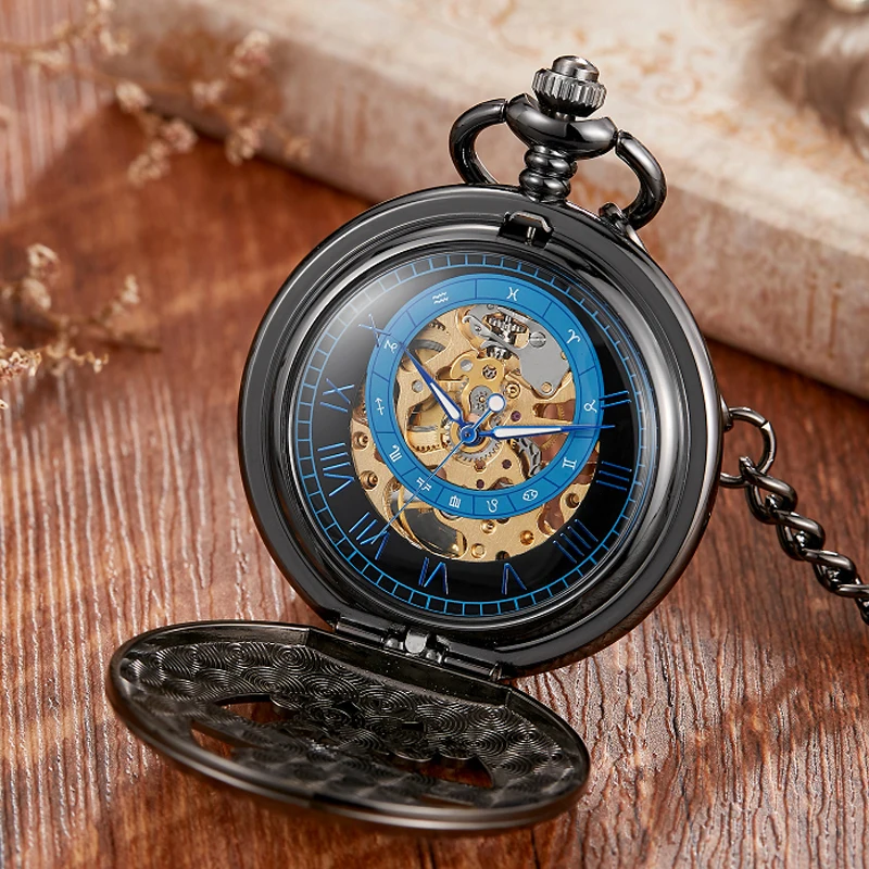 Handwind Mechanisch Zakhorloge Vintage Holle Blauwe Maan Ster Steampunk Skelet Horloge Romeinse Cijfers Klok Met Fob Ketting