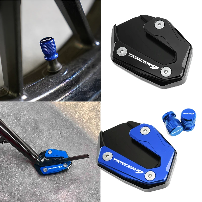 

New For YAMAHA TRACER 9 TRACER9 Motorcycle CNC Kickstand Foot Side Stand Enlarger Pad & Tire Valve