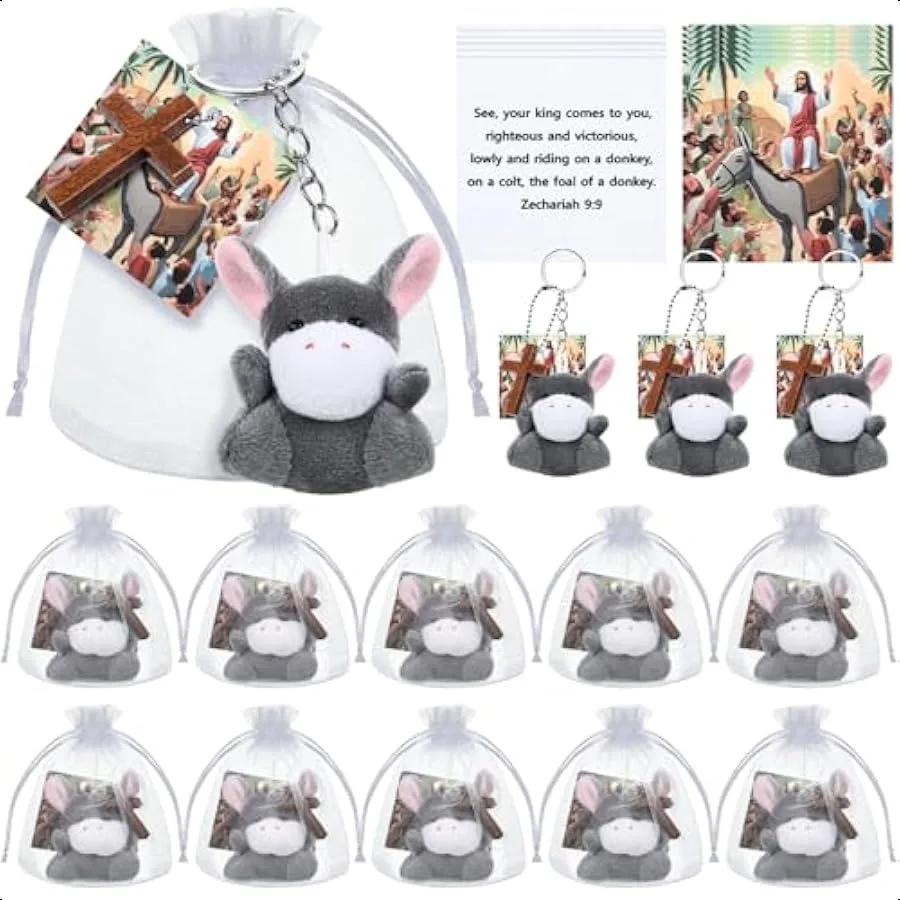 

12 Sets of Mini Donkey Nativity Plush Donkey Religious Stuffed Animal Jesus Donkey Christian Gifts Plush Donkey Keychain for Fi