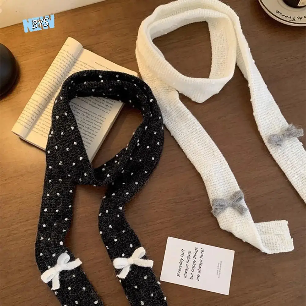 

Soft Polka Dot Bow Wool Shawl Y2K Harajuku Knitted Scarf Keep Warm Dressing Decoration Long Narrow Scarves Streetwear