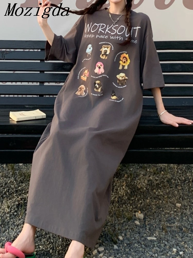 Oversize ฤดูร้อนพิมพ์การ์ตูน T เสื้อชุดยาวผู้หญิงเกาหลีแฟชั่นแขนสั้นหลวมชุดผู้หญิงสุภาพสตรีชุด Vestidos