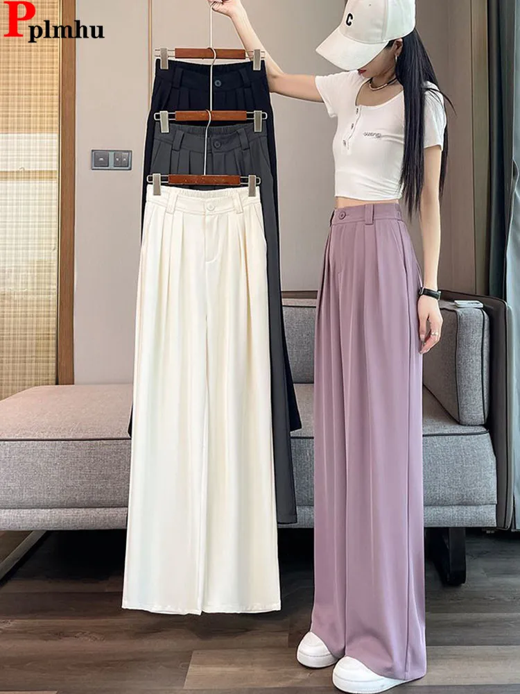 

Spring Fall Casual Loose Straight Pants Korean Fashion High Waist Wide Leg Pantalones Classic Solid Oversize 80kg Chic Spodnie