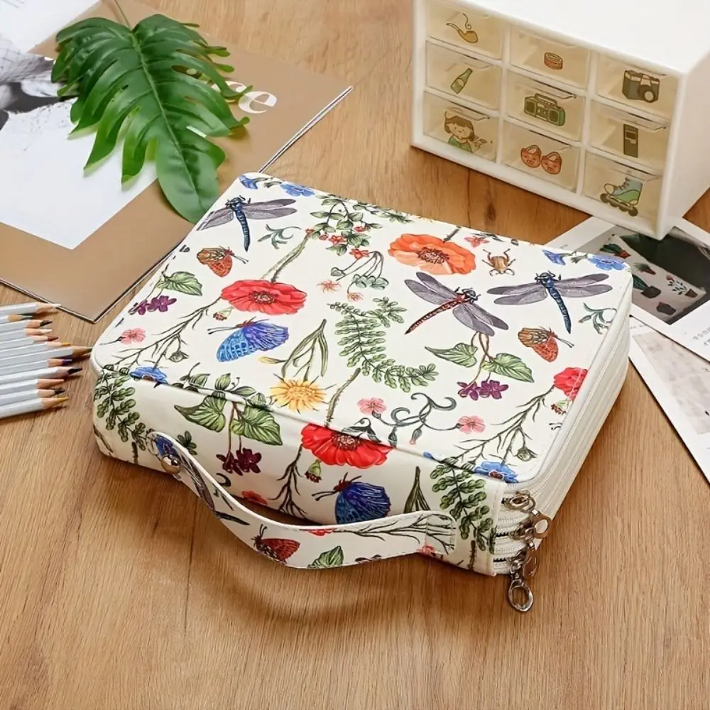 Small Flower Pattern Colored Pencil Pouch Large Capacity Fabric Student Pen Bag 120 Slots Zipper Drawing Brush Pencil Bag