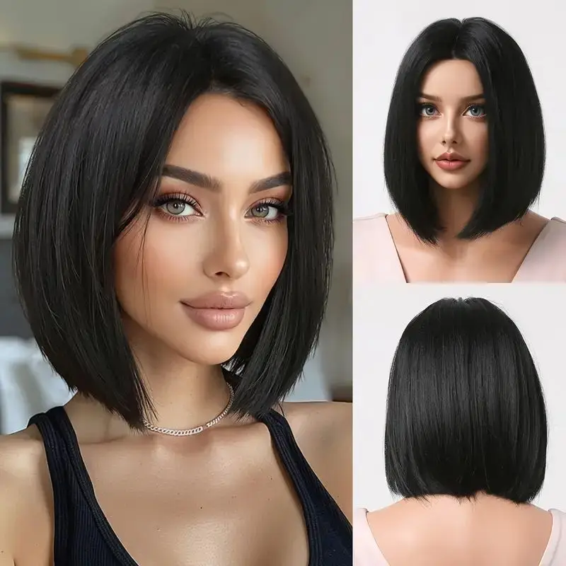 

Black Synthetic Wig With a Middle Part And No Fringe, Short Straight Hair, Fashionable And Breathable Full Head Cover.