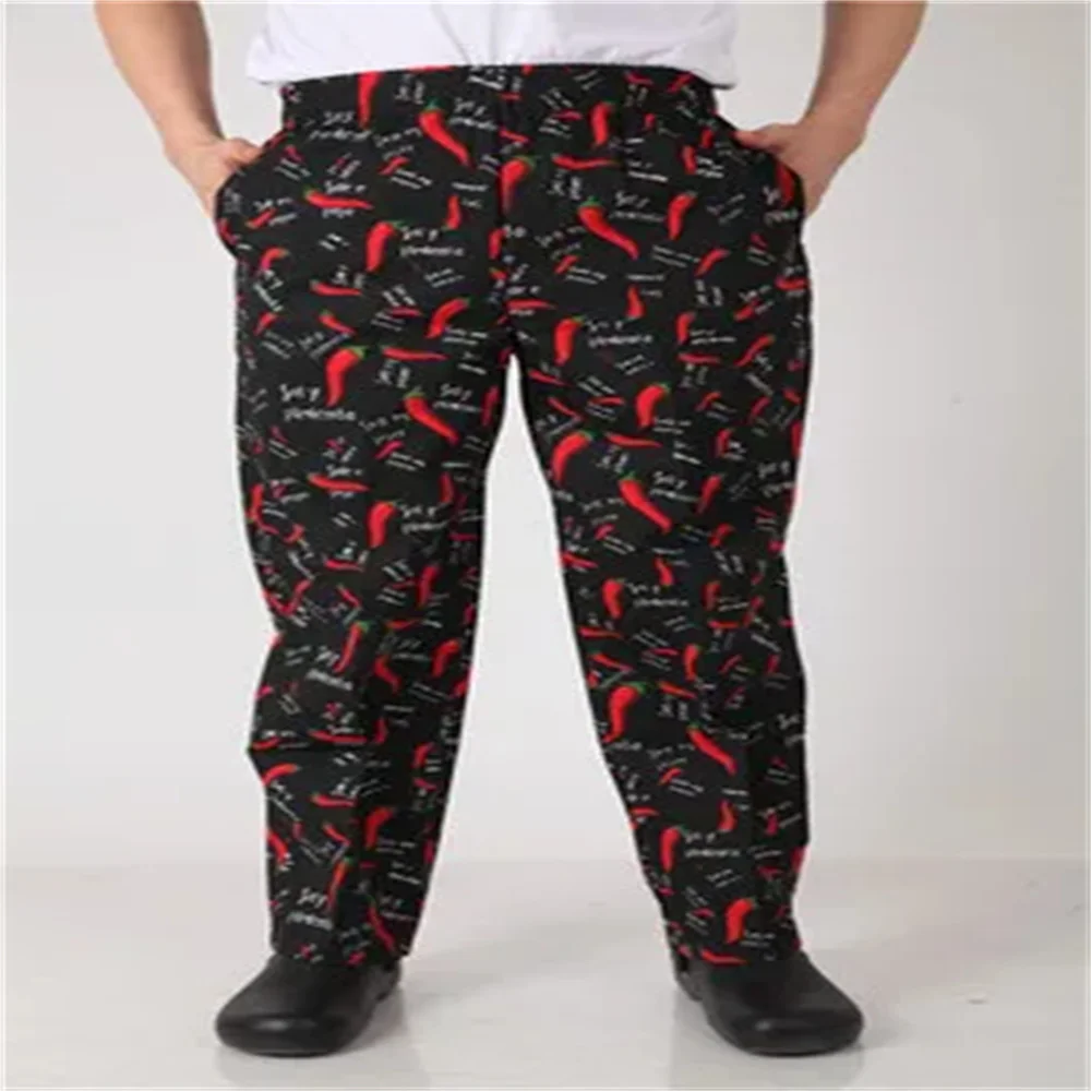 Pantalones de trabajo de cocinero para hotel para hombre, uniformes fáciles de limpiar, pantalones de camarero, estampado de pimiento rojo, servicio de chef