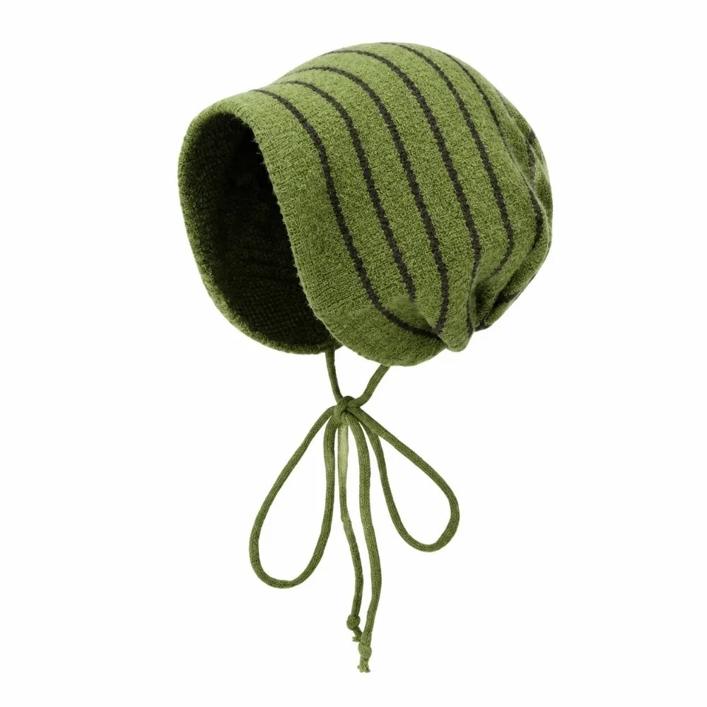 Loose Fit Striped Beanie Hat Thick Warm Soft Texture Tie Strap Cap Stretchy Korean Style Knit Bonnet Cap Daily Travel
