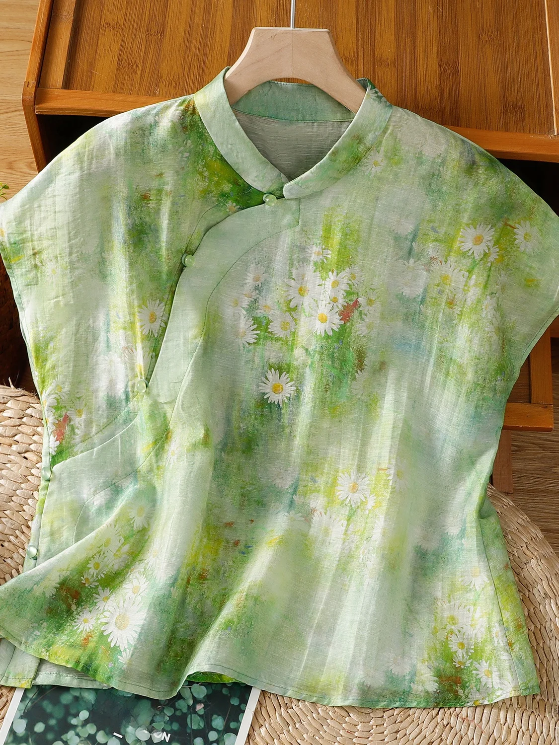 

Летний хлопково-льняной костюм с принтом и воротником-стойкой, женская повседневная одежда большого размера, топ в стиле дзен, чайный костюм