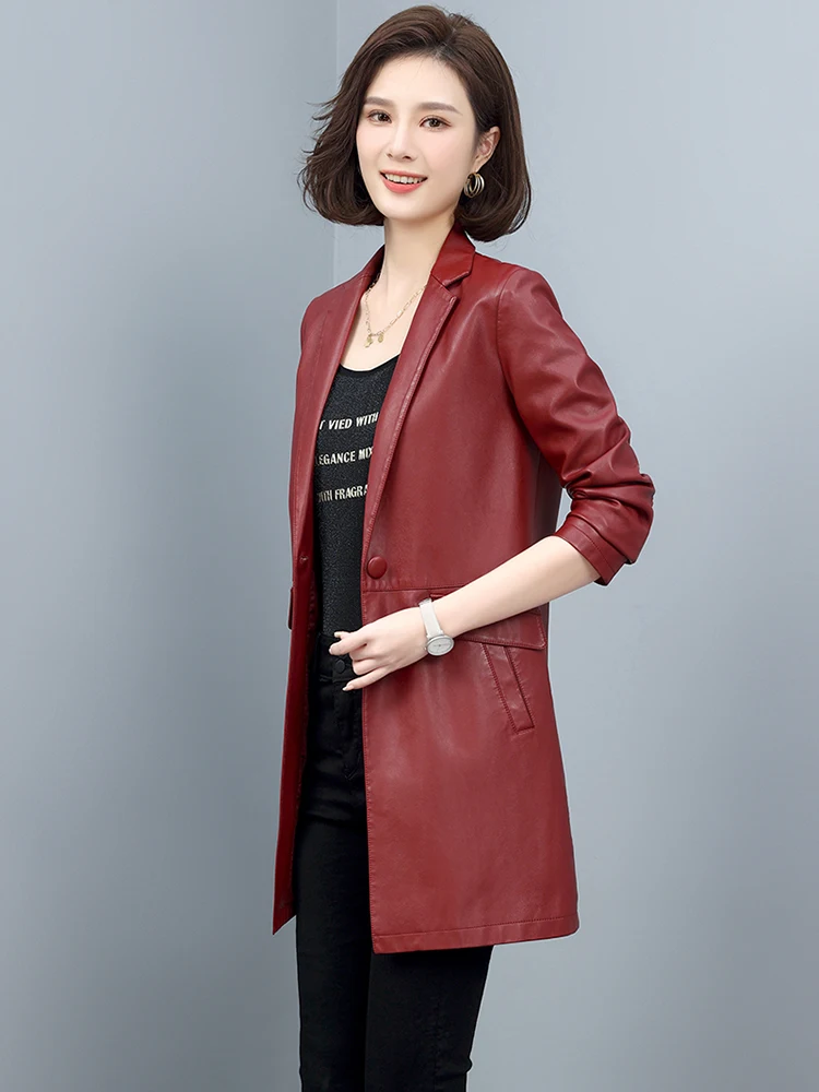 Mới mẻ Phụ nữ Sang trọng Nữ nhân viên văn phòng Một nút Da thuộc Áo blazer Mùa xuân mùa thu 2022 Cổ áo có khía thời trang Tay áo dài Áo da cừu nữ