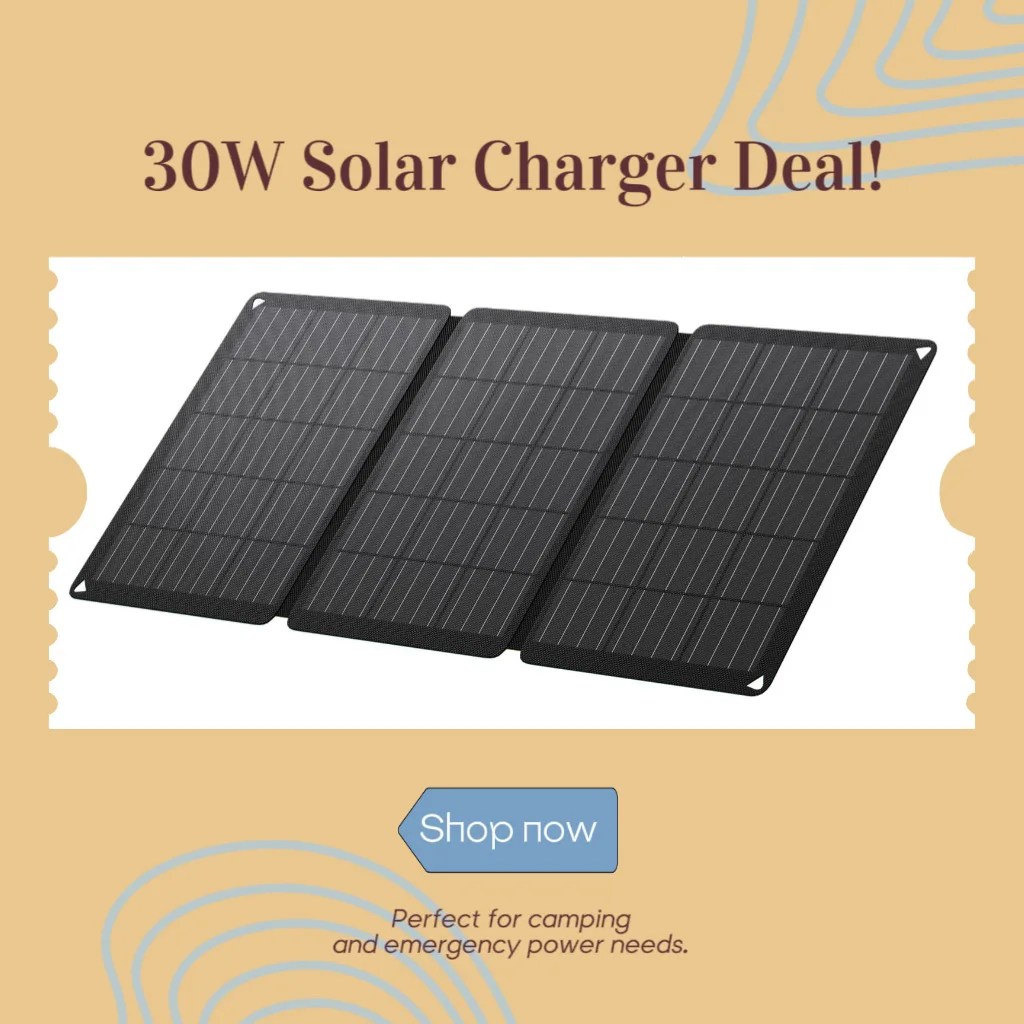 

“30W Portable Solar Panel for Camping, Foldable & Waterproof, Easy Phone Charging On-the-Go”