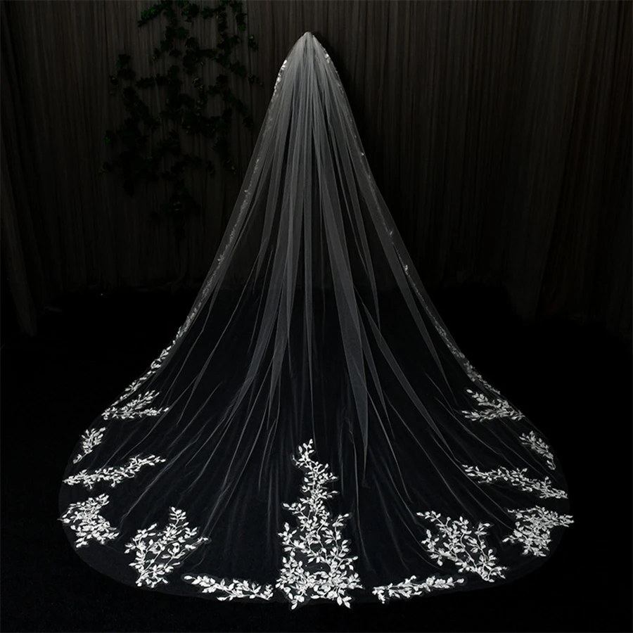 

Новое поступление, соборная свадебная фата, свадебные аксессуары для невесты, кружевная фата цвета слоновой кости, расшитая бисером, Vestidos de novia