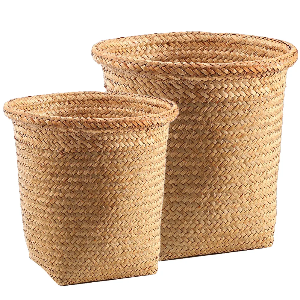 

2pcs Woven Trash Can Storage Basket Handmade Straw Braid Large Mouth Kitchen Bathroom Office Versatile Fruit Toy Draining Basket