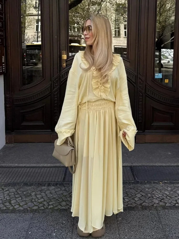 BWQ Vrouwen Elegante Rok Pak Effen Lange Mouwen Kant Los Shirt + Rits Geplooide Trekkoord Decoratie Casual Lange Rok set 2025