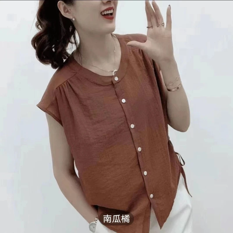 Camicia casual con lacci tinta unita con o-collo alla moda 2025 Estate nuove top coreani camicetta da pendolarismo ampia