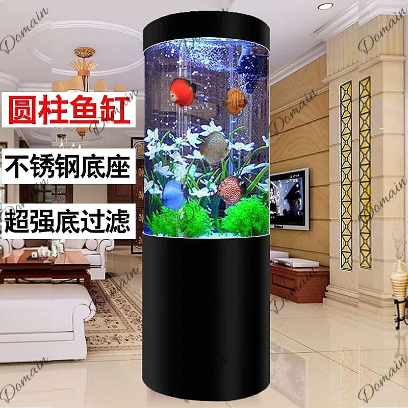Cylindrical Glass Fish Tank Large Floor Standing Aquarium Bottom Filter No Water Change Living Room Custom