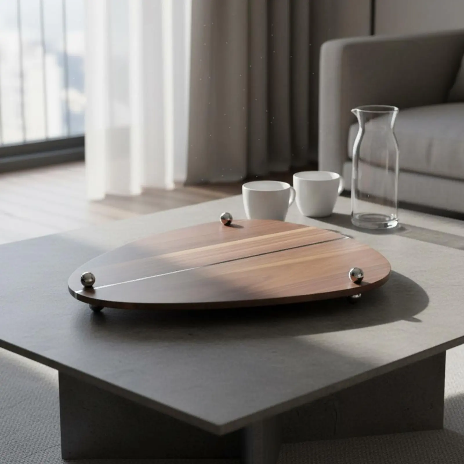 

Walnut and Steel Decorative Tray Modern Design Irregular Shape Serving Platter Home Decor for Coffee Table