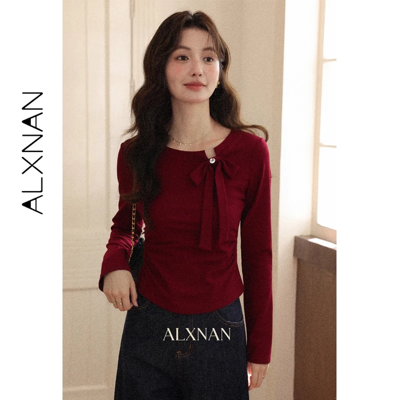 

ALXNAN винтажная красная футболка с длинным рукавом женская с круглым вырезом и бантом на талии плиссированный хлопковый пуловер осенние облегающие короткие футболки DYL663007