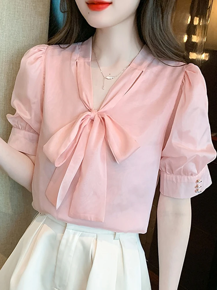 Fashion Summer Bow Collar Chiffon Blouse Shirt Women Tops Blusas Mujer De Moda 2024 Verano Short Sleeve Blouse Women Blusa G685