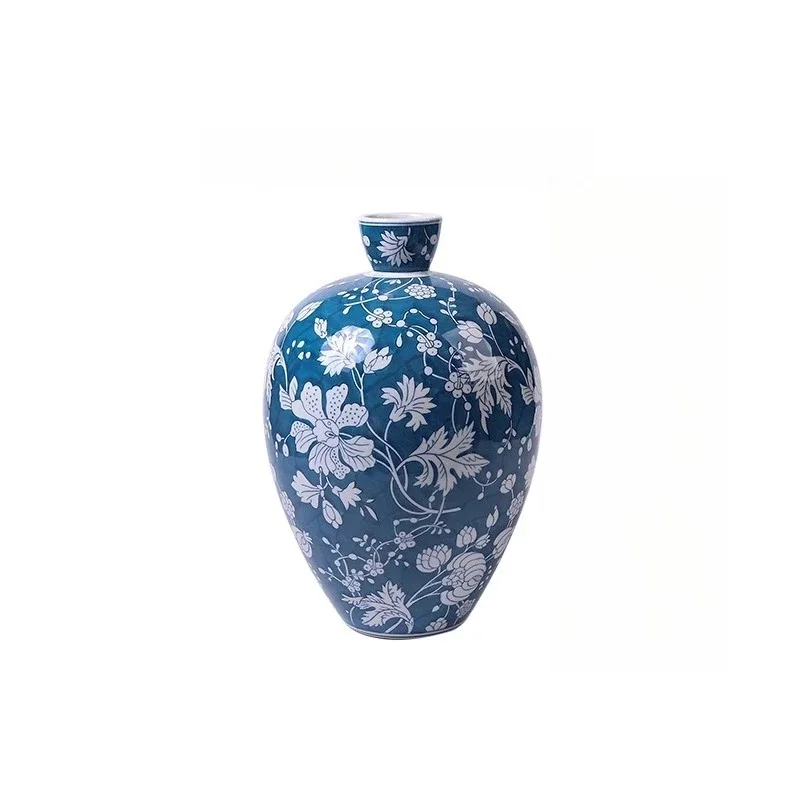 Home New Chinese blue and white porcelain ceramic high-end sense vase flower arrangement living room entrance ornament