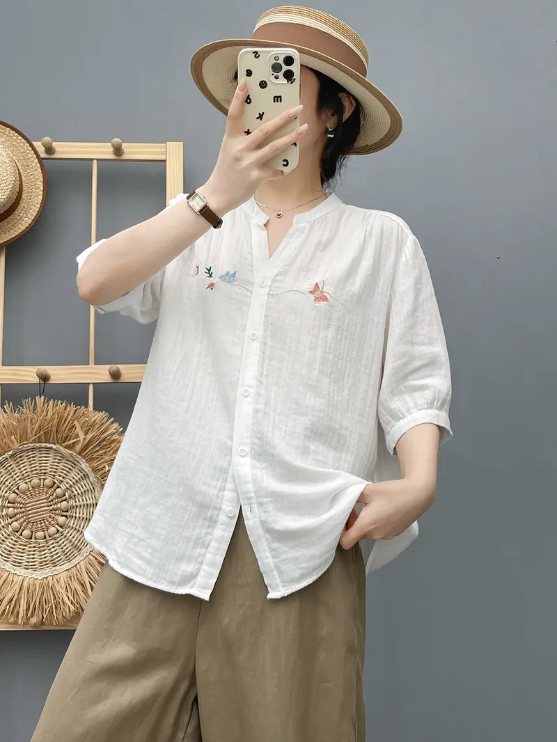 New 2025 Autumn Cotton Yarn Half Sleeve Shirt, Women V Neck Embroidery, Mori Girl Versatile Comfortable Loose Blouse T56290CC
