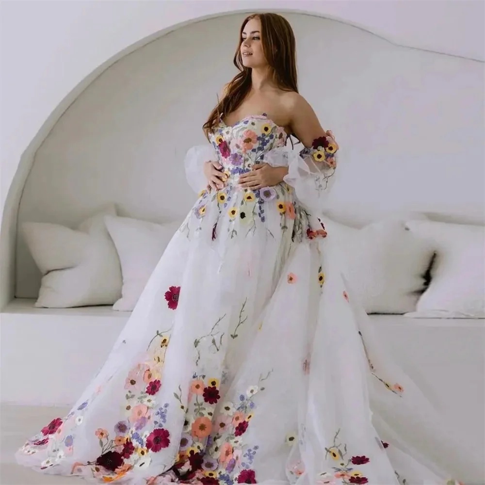 Customized New 3D Flower Puff Sleeves Bridal Dress Embroidery Floral Tulle Prom Dresses Wedding Party Dresses Vestidos De Noche