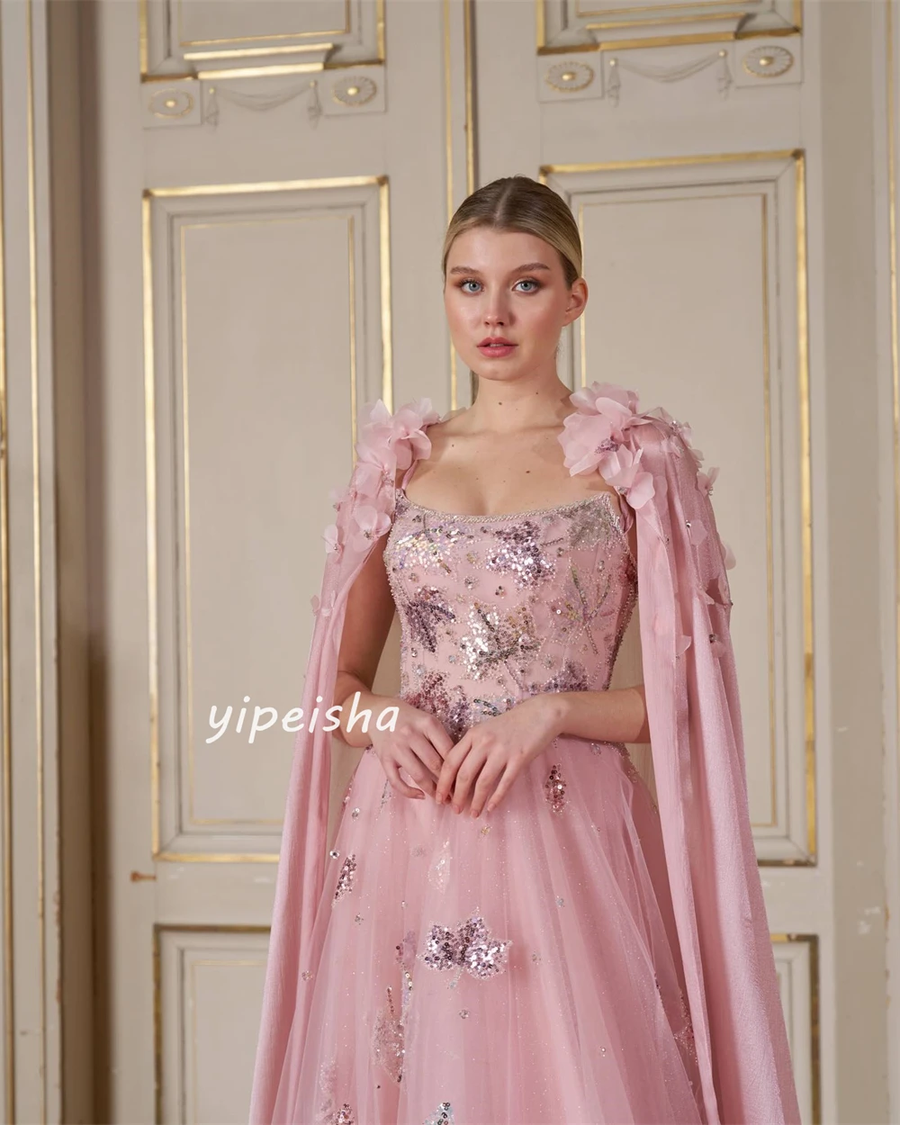 Robe de Bal Longue en Filet à Paillettes, Ligne A, Col Carré, sur Mesure, pour Occasions