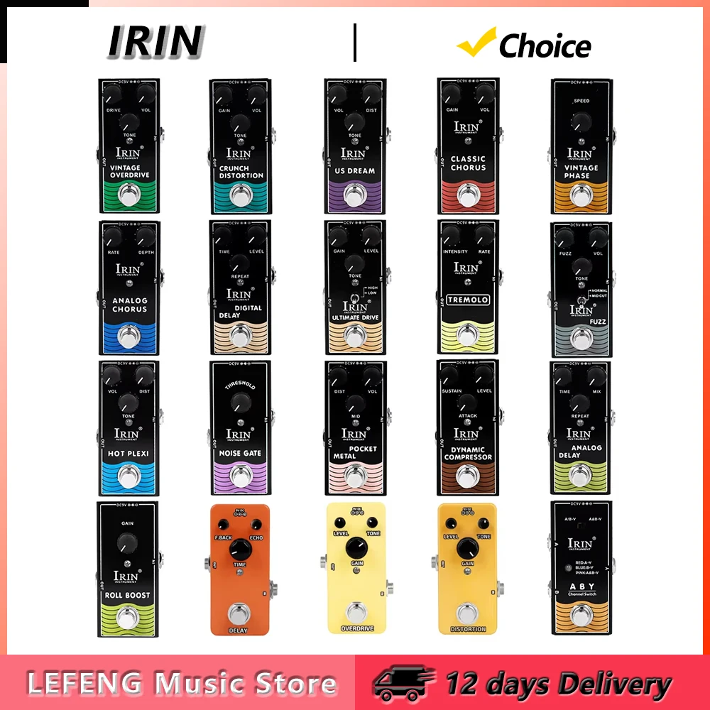 Pedal de Efectos para Guitarra IRIN: Overdrive Vintage, Delay Analógico, ABY, Compresor Dinámico, Noise Gate, Delay Digital, Chorus Clásico, Trémolo