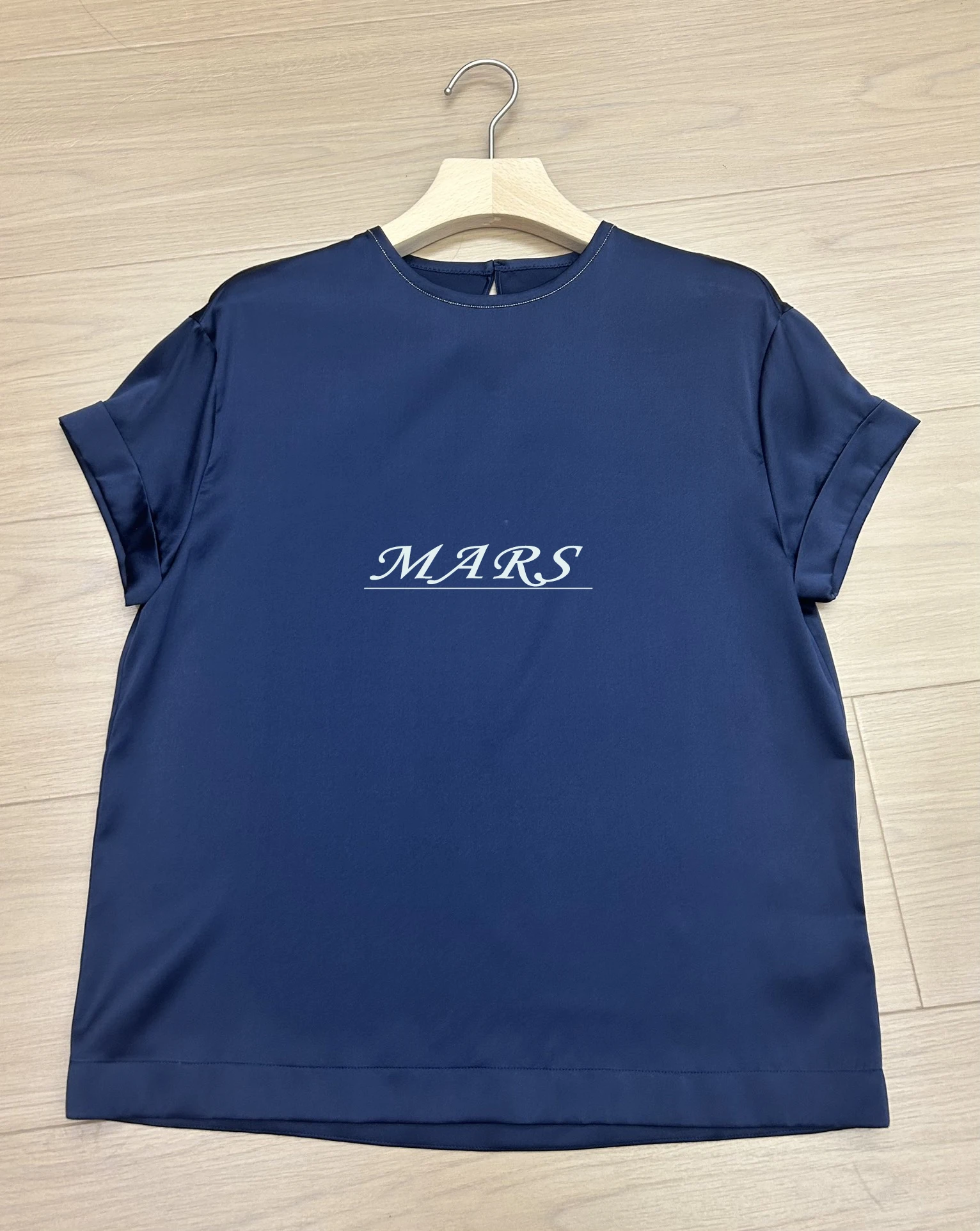 Women'S T-Shirt High Quailty Silk Light Luxury Fashion Short-Sleeved Navy Blue Female Top